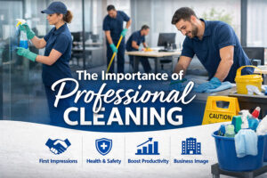 Professional cleaners in navy uniforms cleaning a modern Toronto office with glass partitions, desks, and floors; overlay text reads “The Importance of Professional Cleaning” with icons for first impressions, health and safety, productivity, and business image.