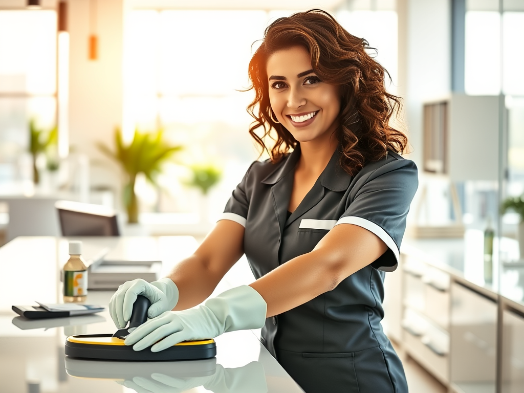 A young brunnet semy curlie hair smiling giril in uniform, model of Beyond Cleaning Solutions, wearing latex gloves is seen cleaning an office counter, leaving the space spotless
