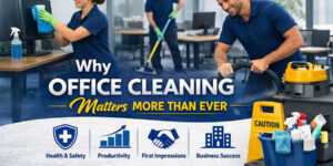 Professional cleaners in navy uniforms performing detailed office cleaning tasks — wiping computer desks and using a carpet cleaner — with overlay text reading “Why Office Cleaning Matters More Than Ever” and icons for health, productivity, first impressions, and business success.