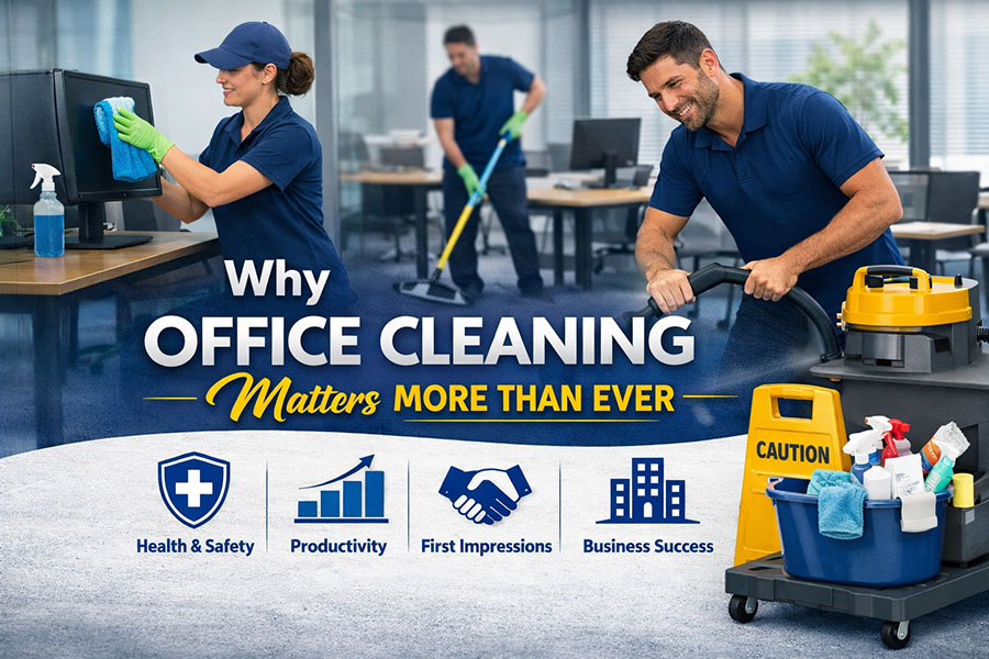 Professional cleaners in navy uniforms performing detailed office cleaning tasks — wiping computer desks and using a carpet cleaner — with overlay text reading “Why Office Cleaning Matters More Than Ever” and icons for health, productivity, first impressions, and business success.