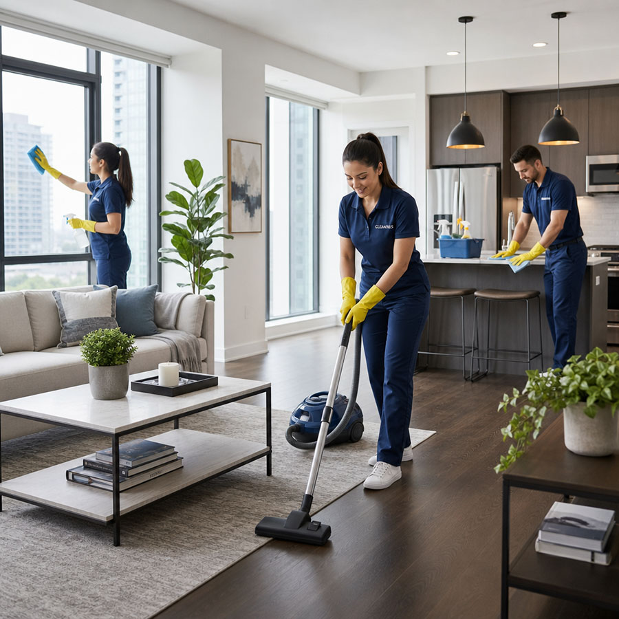 Professional cleaner tidying a modern Toronto condo living space