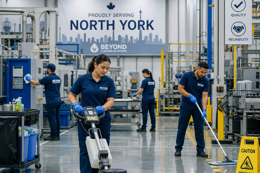 Professional cleaning team working inside a North York factory, polishing floors and maintaining equipment areas, representing reliable commercial cleaning services.